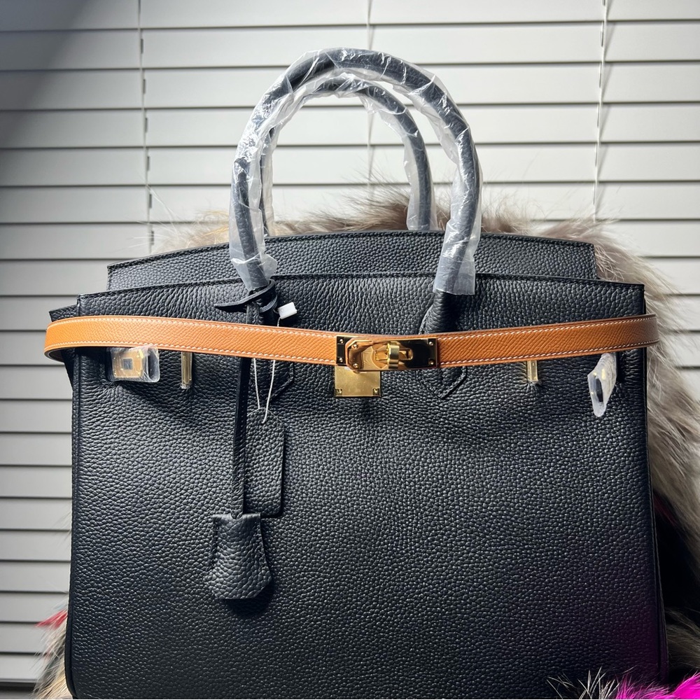 Brown Epsom Leather Lock Belt with Gold hardware Adjustable fits size 60cm-100cm